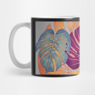 MONSTERA LEAVES - Orange, Magenta, & Blue Swiss Cheese Leafs On Gray Mug